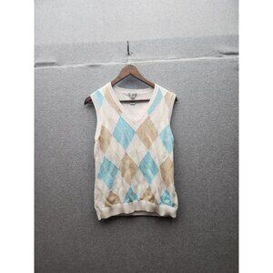 Argyle Pattern Sleeveless Sweater Vest V-Neck 100% Cotton Blue/Beige/Ivory Color